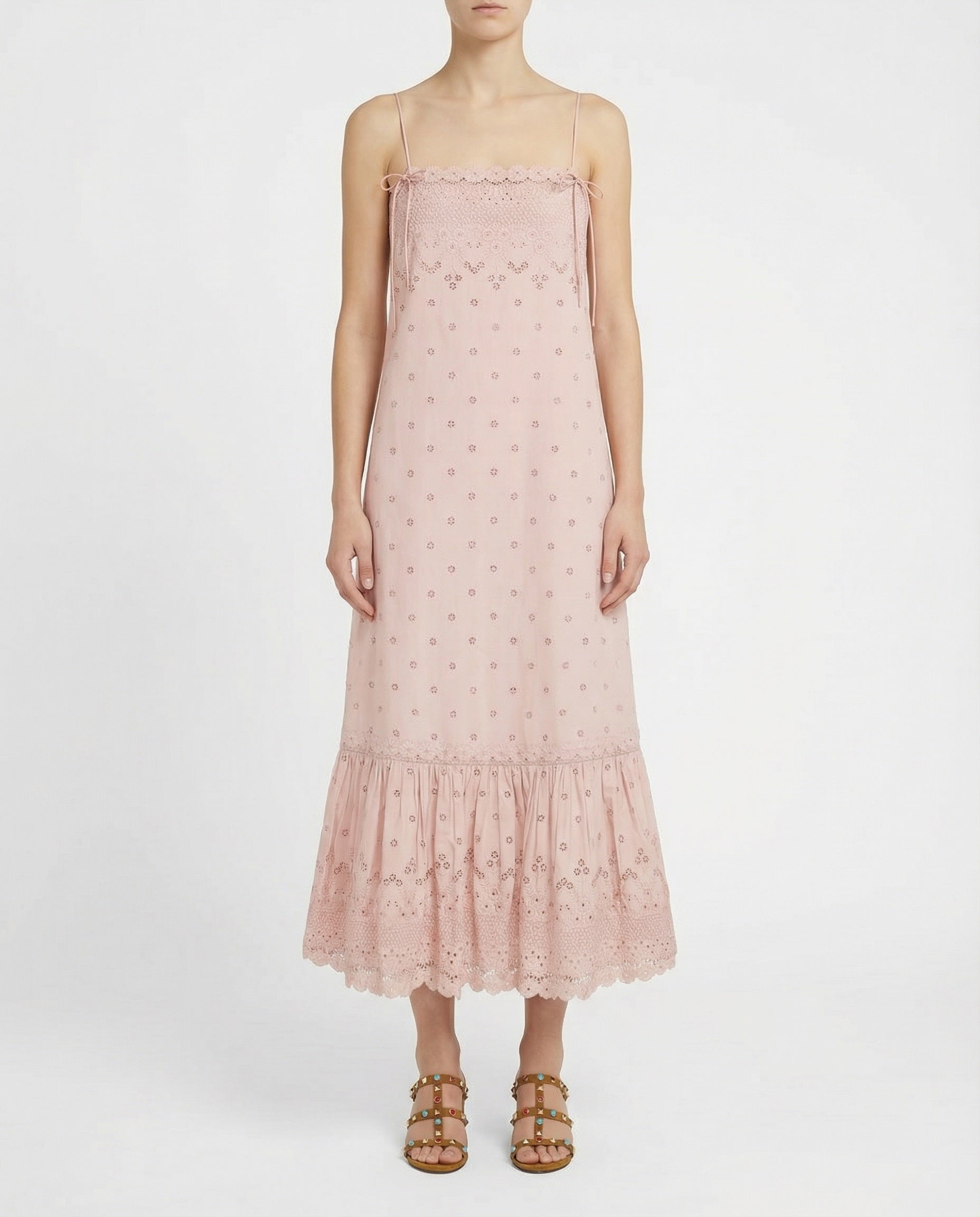 Broderie anglaise cotton midi dress with silk trim