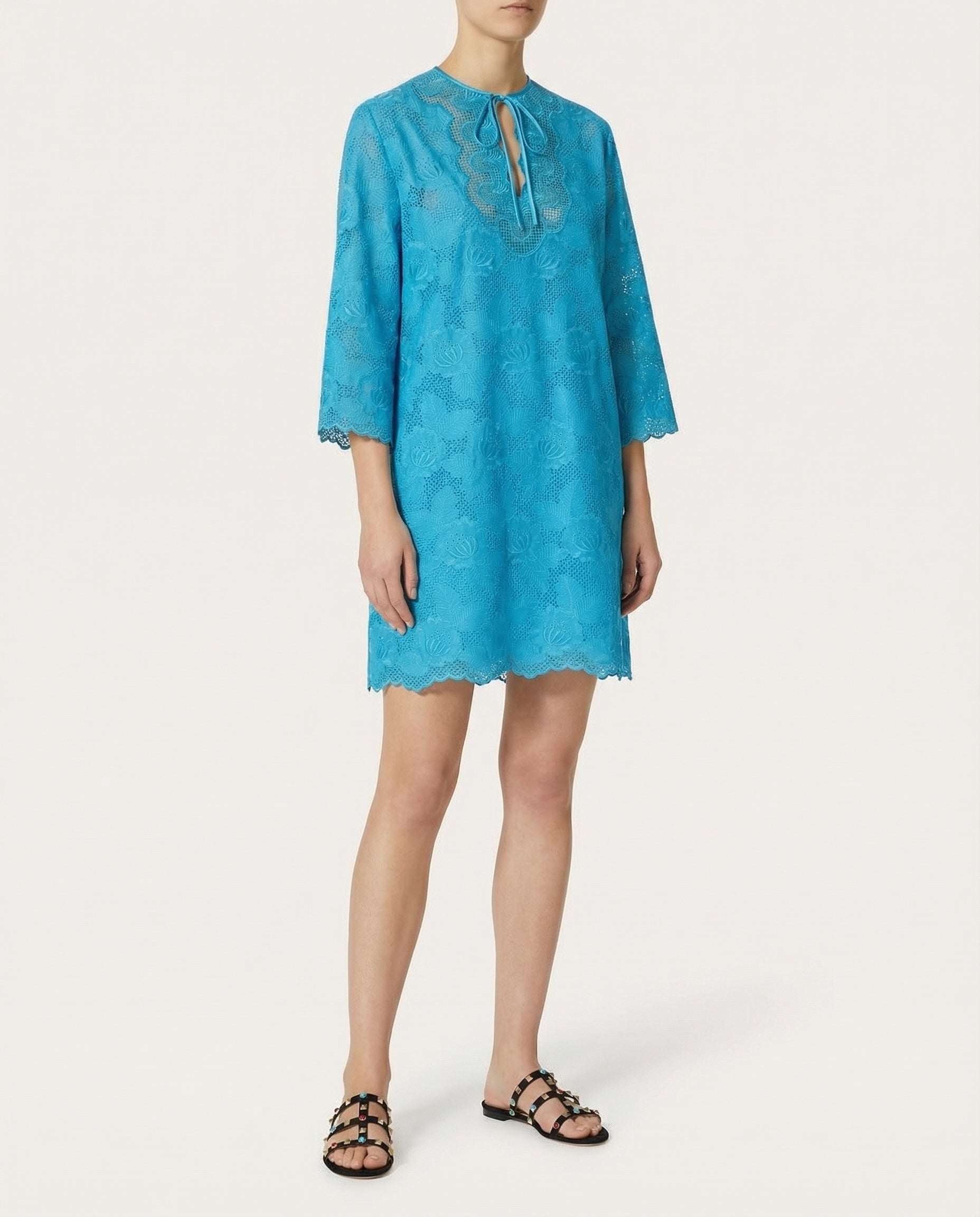 Tie-detailed broderie anglaise cotton mini dress