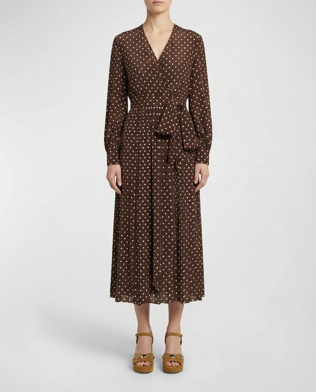 Polka dot silk wrap midi dress