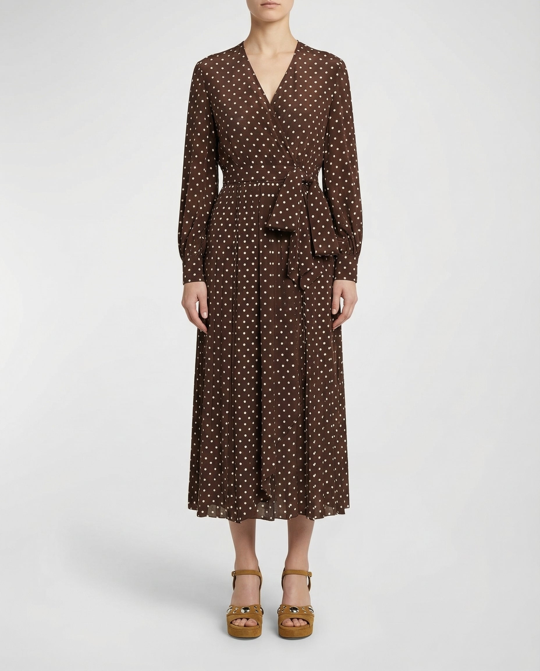 Polka dot silk wrap midi dress