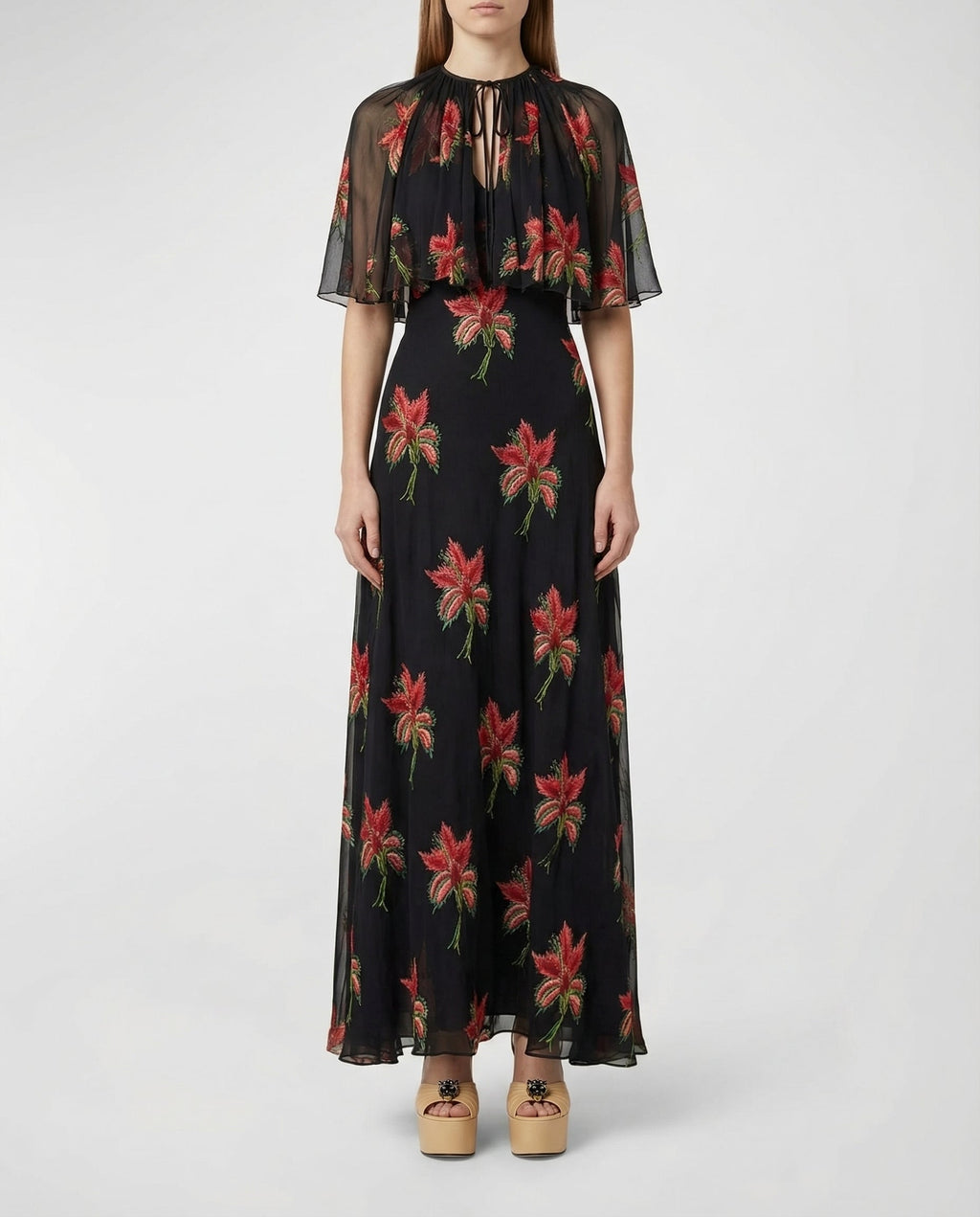 Floral silk chiffon cape gown