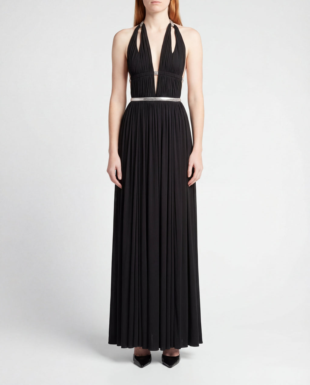 Metallic trimmed pleated jersey gown