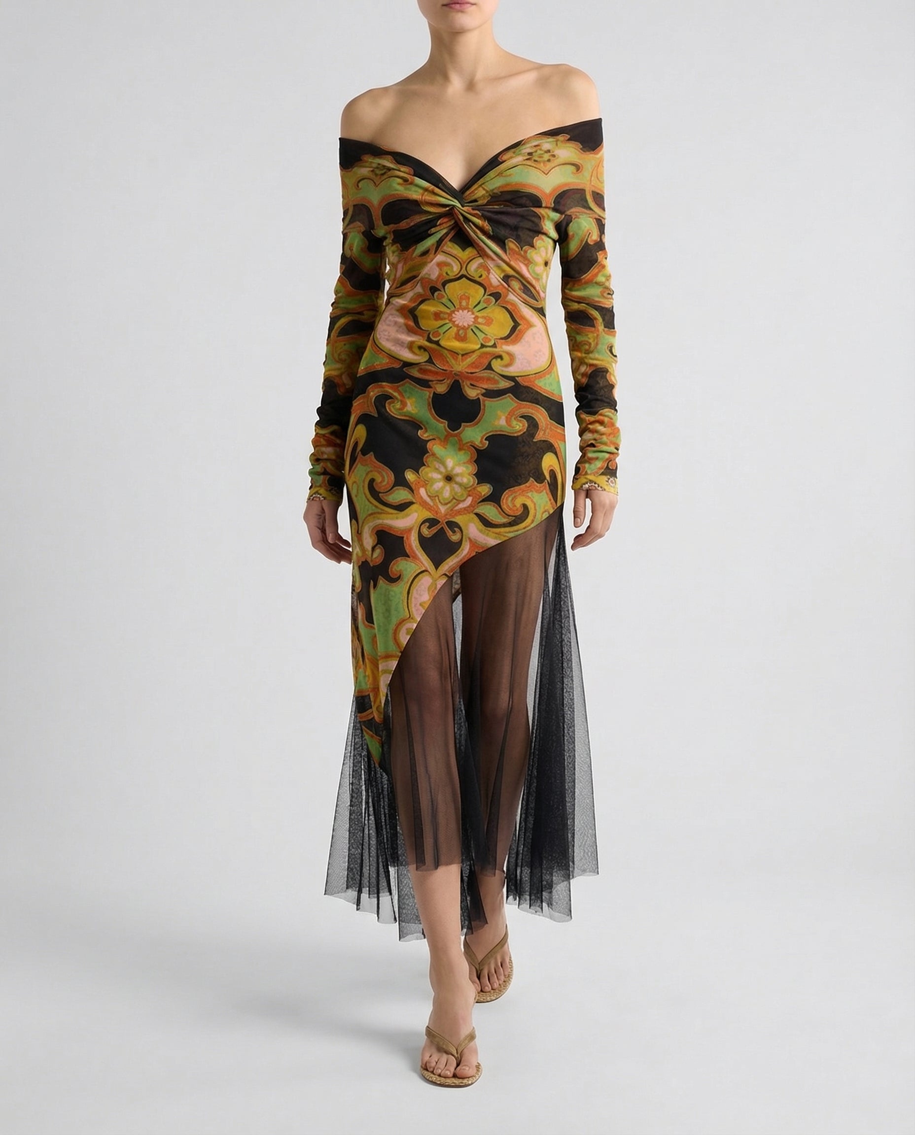 Printed asymmetric tulle midi dress