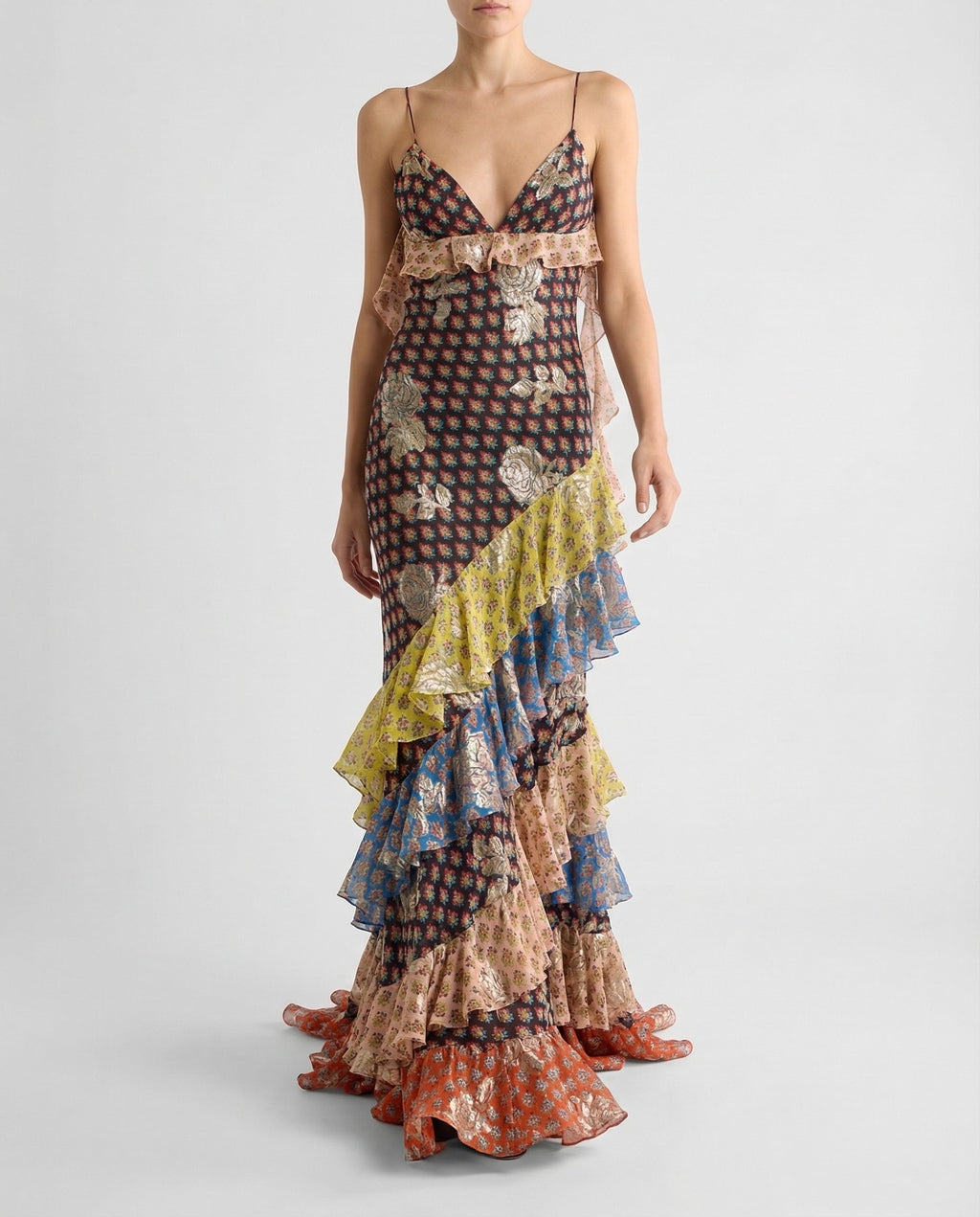 Long silk dress with fil coupé rose motif