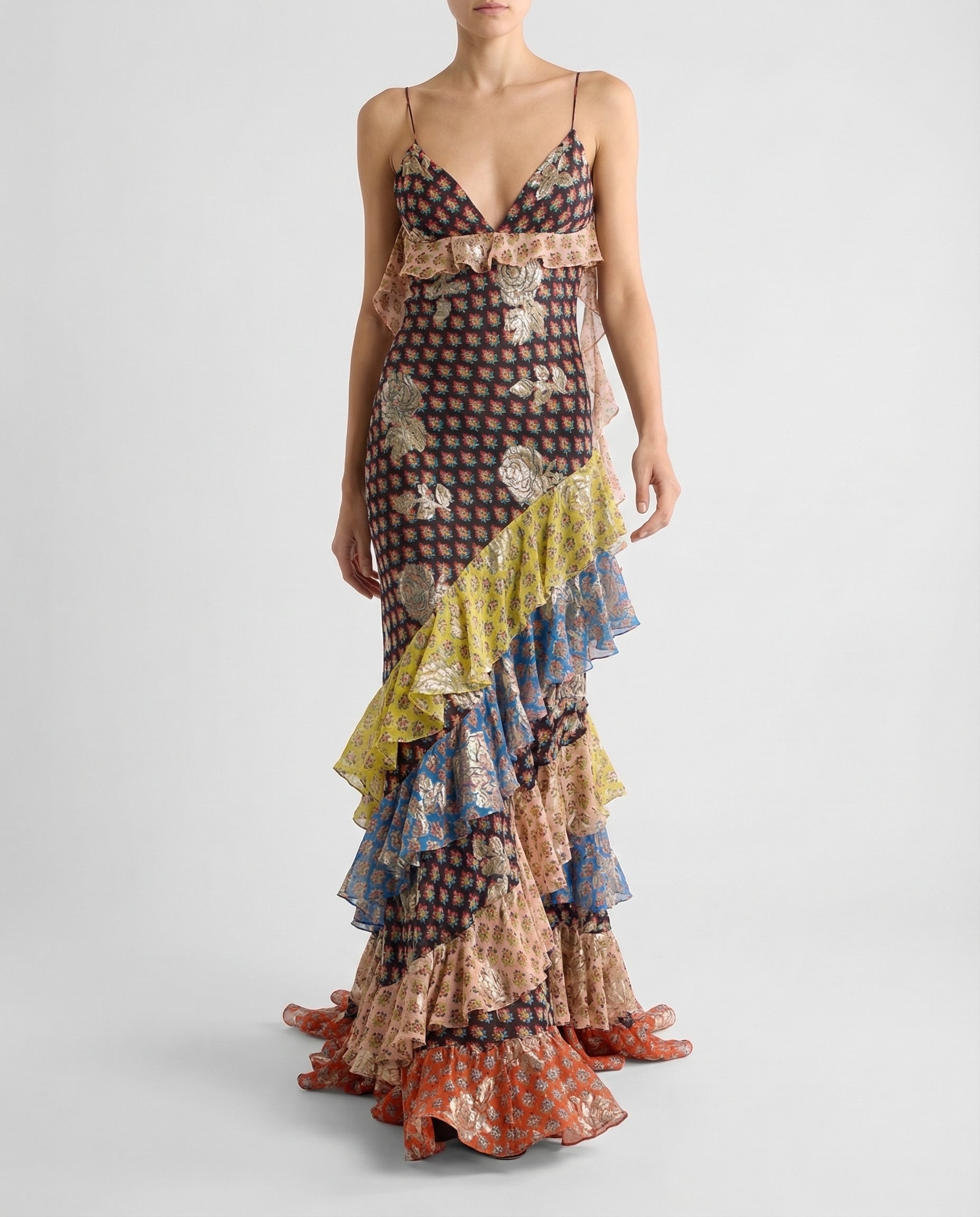 Long silk dress with fil coupé rose motif