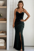 hunter green velvet pleated wrap maxi dress