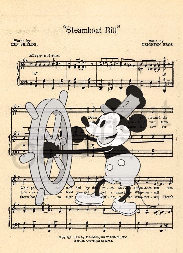 Mickey Steamboat Willie Sheet Music Art Print