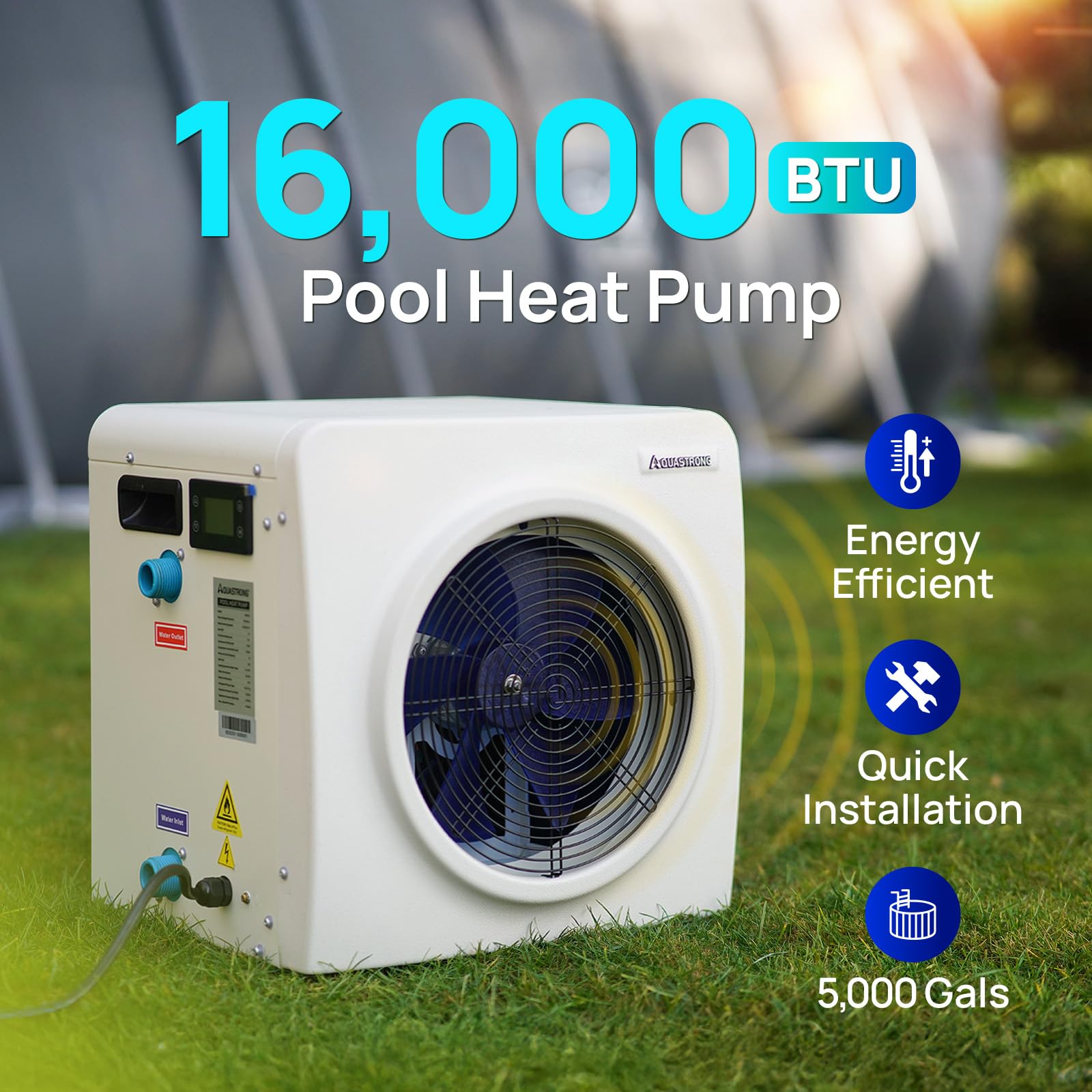 HEX016 16,000 BTU Heat Pump For 5,000 Gallons Pools 120V - Aquastrong
