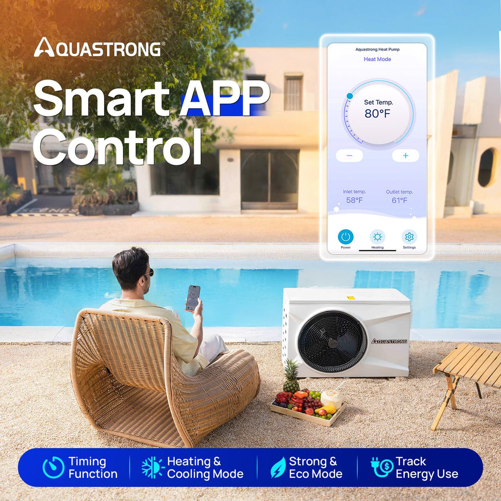 AQUASTRONG Swimming Pool Heat Pumps,  35,000 BTU & 75,000 BTU Inverter, 9,000 Gallons & 21,000 Gallons, Electric Pool Heater for Above Ground and Inground Pool, WiFi Capable Timer, Heating and Cooling Pool Heater 115V - Aquastrong