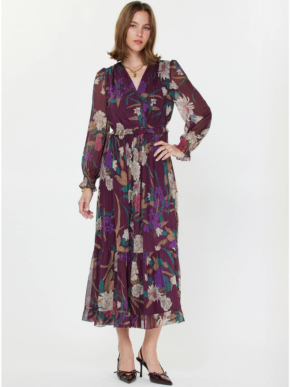 Floral Surplice Pleated Maxi Dress - Wine Multi | Current Air