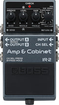 A black BOSS IR-2 Amplifier and IR Cabinet Pedal on a white background, showing its knobs, buttons, and input/output ports.