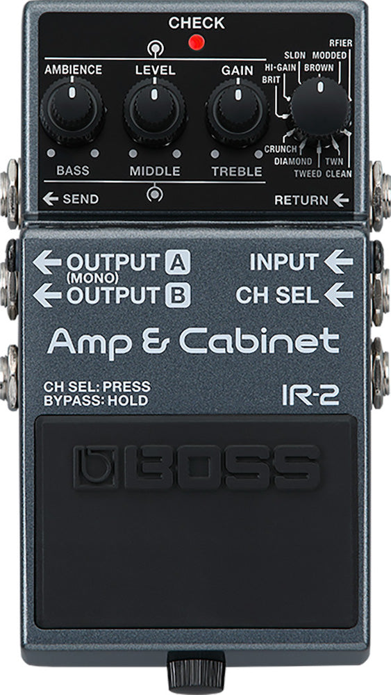 A black BOSS IR-2 Amplifier and IR Cabinet Pedal on a white background, showing its knobs, buttons, and input/output ports.
