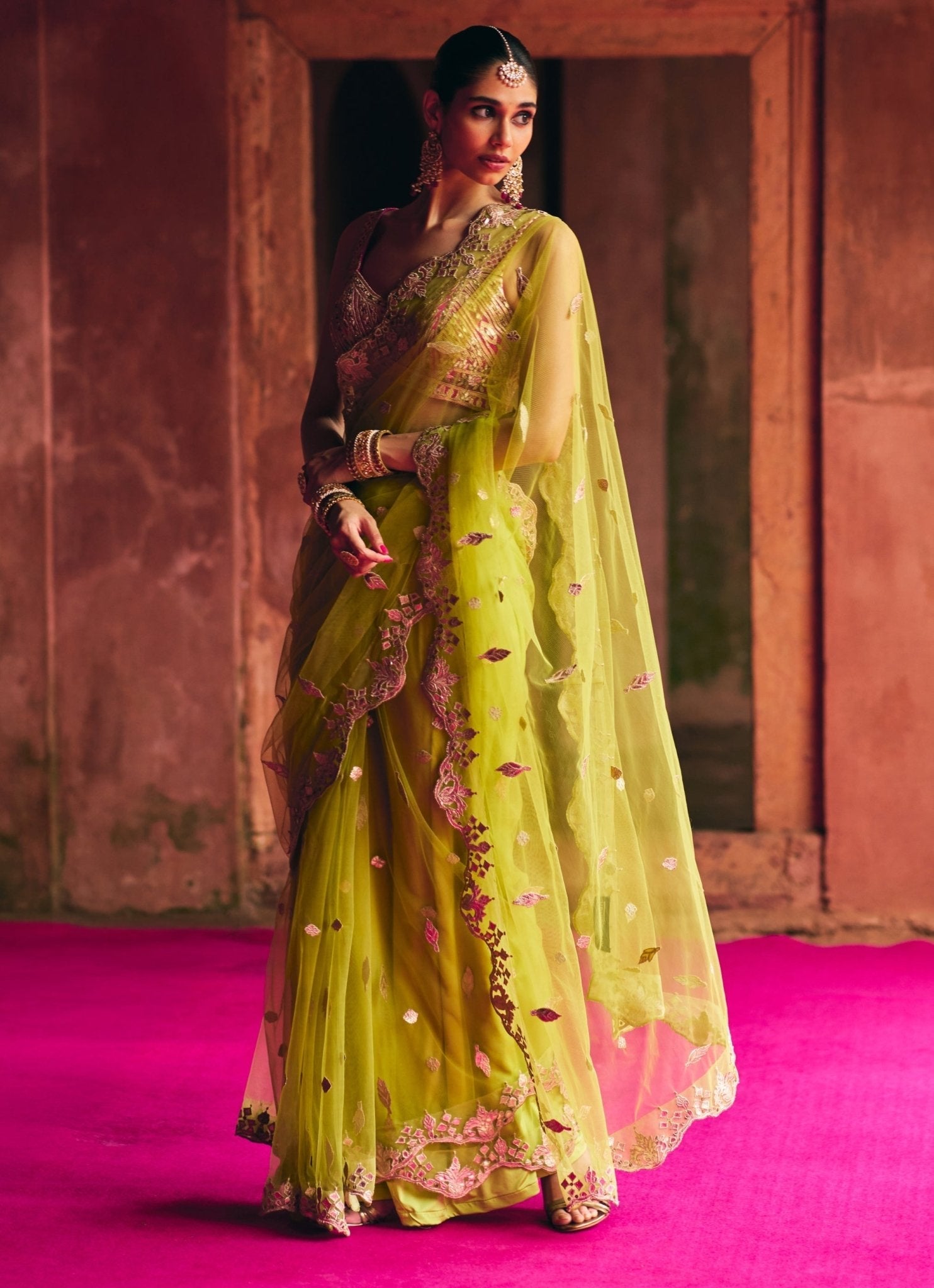 Lime Green Mirrorwork Soft Net Saree With Hot Pink Blouse Angad Singh - Fabilicious Fashion