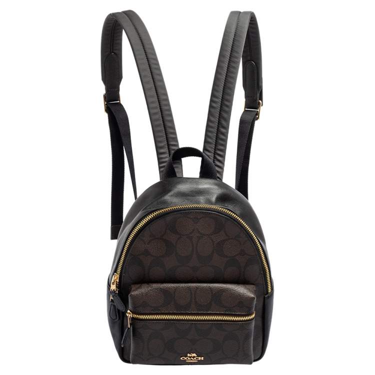 Coach Black/Brown Signature Coated Canvas and Leather Mini Charlie Backpack  Coach