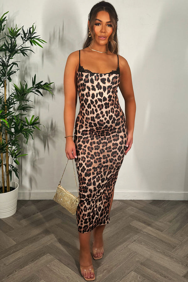 leopard print midi dress zara maxi-leopard-print-dress -with-black-lace -trim-detail-in-beige-