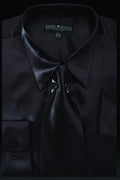 Men's Black Satin Dress Shirt with Tie & Handkerchief-Men's Dress Shirts-ABC Fashion