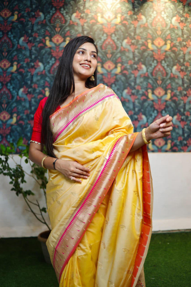 Paithani Saree Yellow Colour with Golden Pallu - Gi Heritage