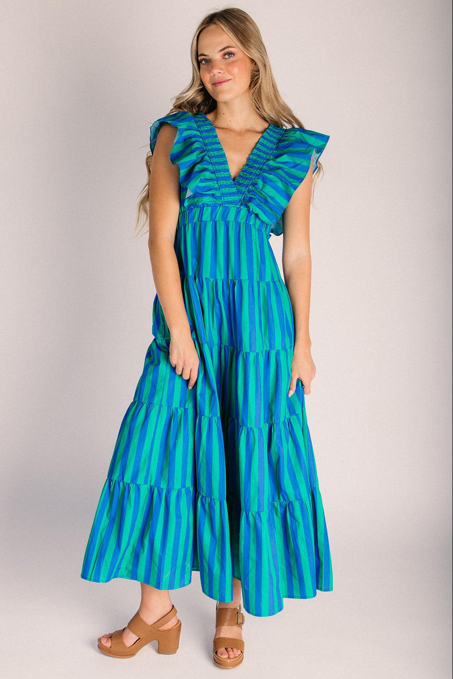 The Romney Ruffle Sleeve Midi Dress in Green + Blue Stripe