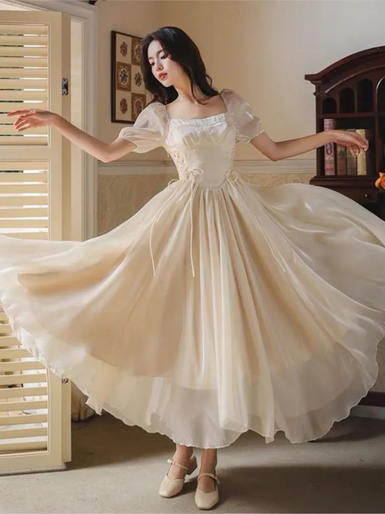 Elegant Vintage Puffy Sleeve Long White Dress