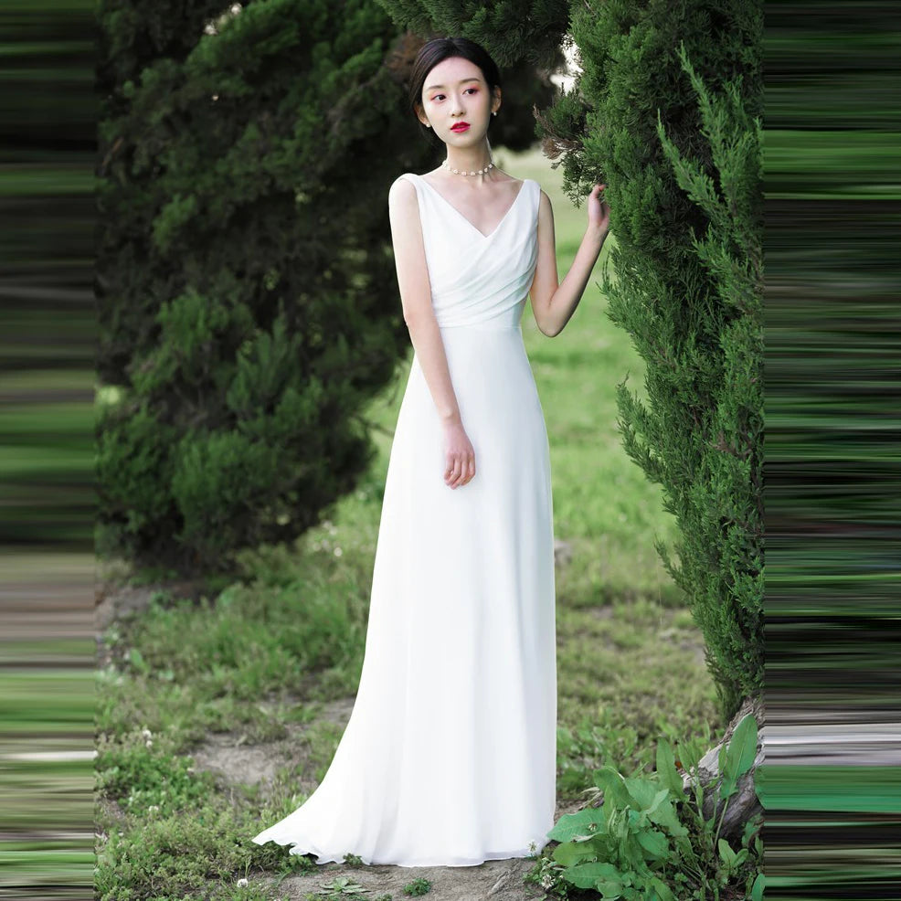 Korean Style V-neck Simple Robe Mariage Lace Wedding Dress Robe To Be Party Gowns