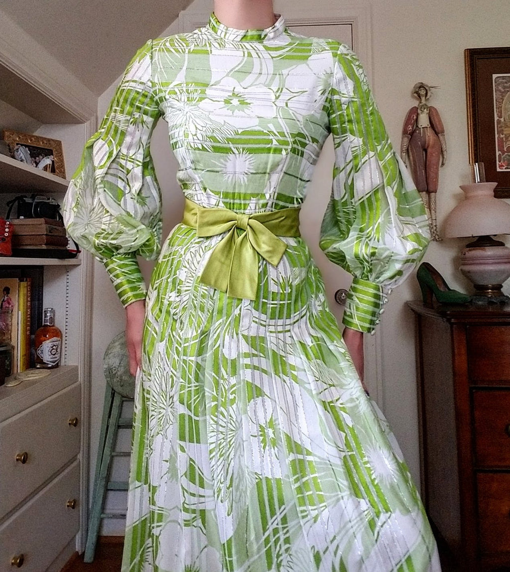 70's Spring Green Floral and Striped Balloon Sleeve Gown by Millie Parnis Boutique