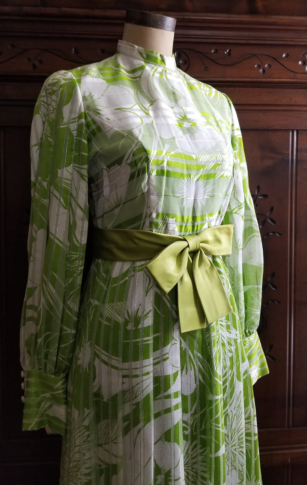 70's Spring Green Floral and Striped Balloon Sleeve Gown by Millie Parnis Boutique