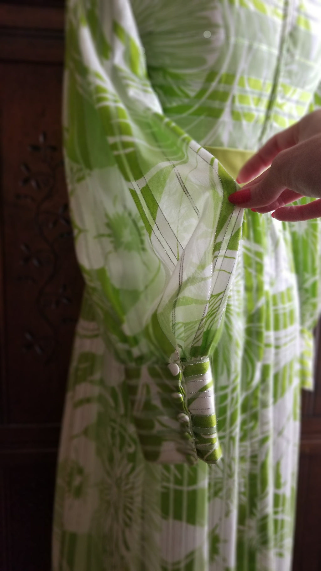70's Spring Green Floral and Striped Balloon Sleeve Gown by Millie Parnis Boutique