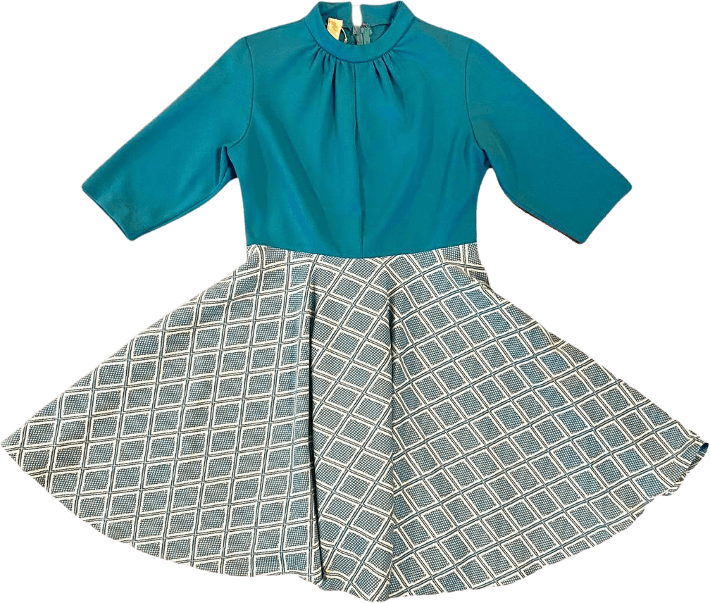 60's Turquoise White Geometric Print Dress