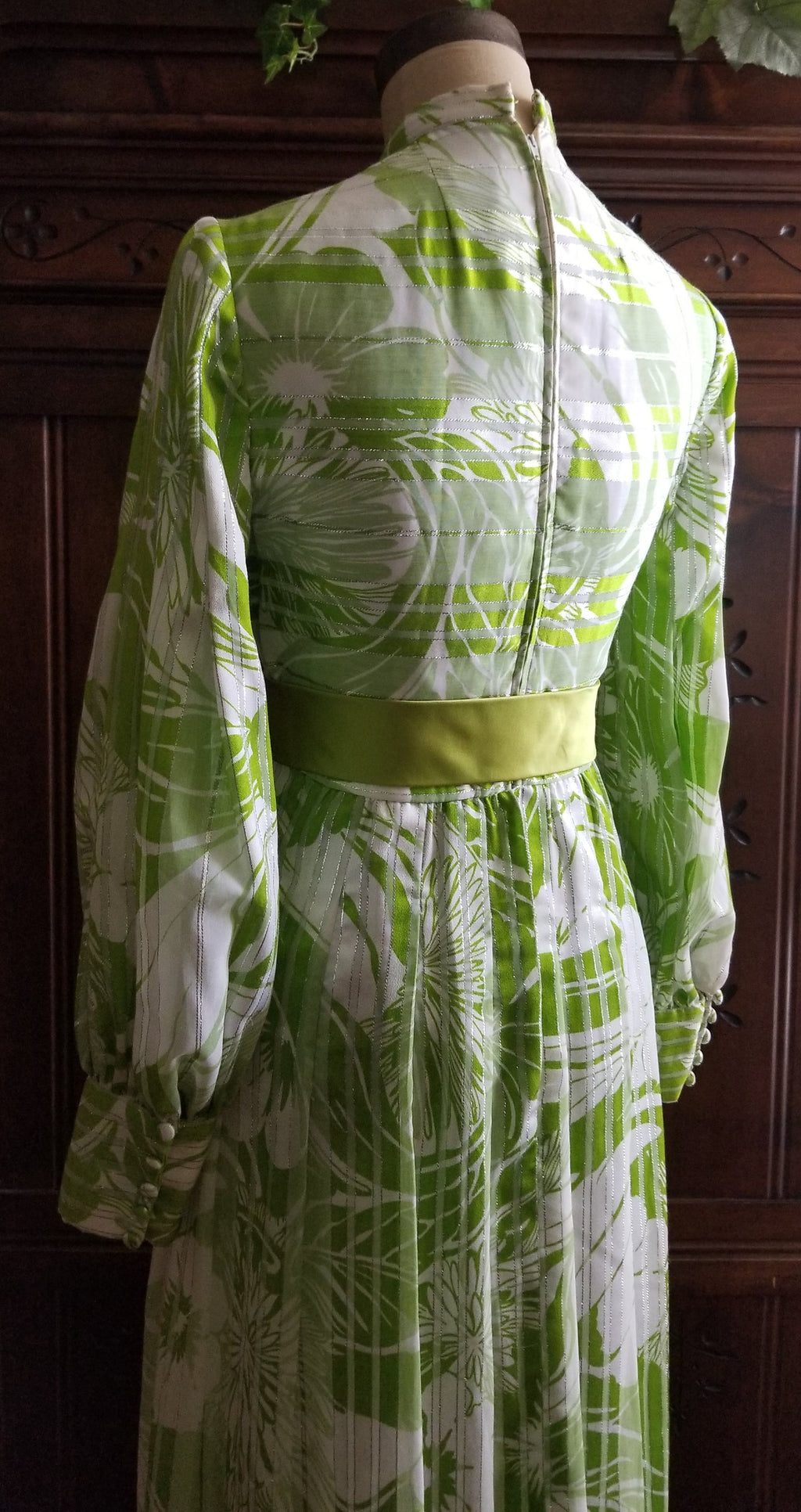 70's Spring Green Floral and Striped Balloon Sleeve Gown by Millie Parnis Boutique