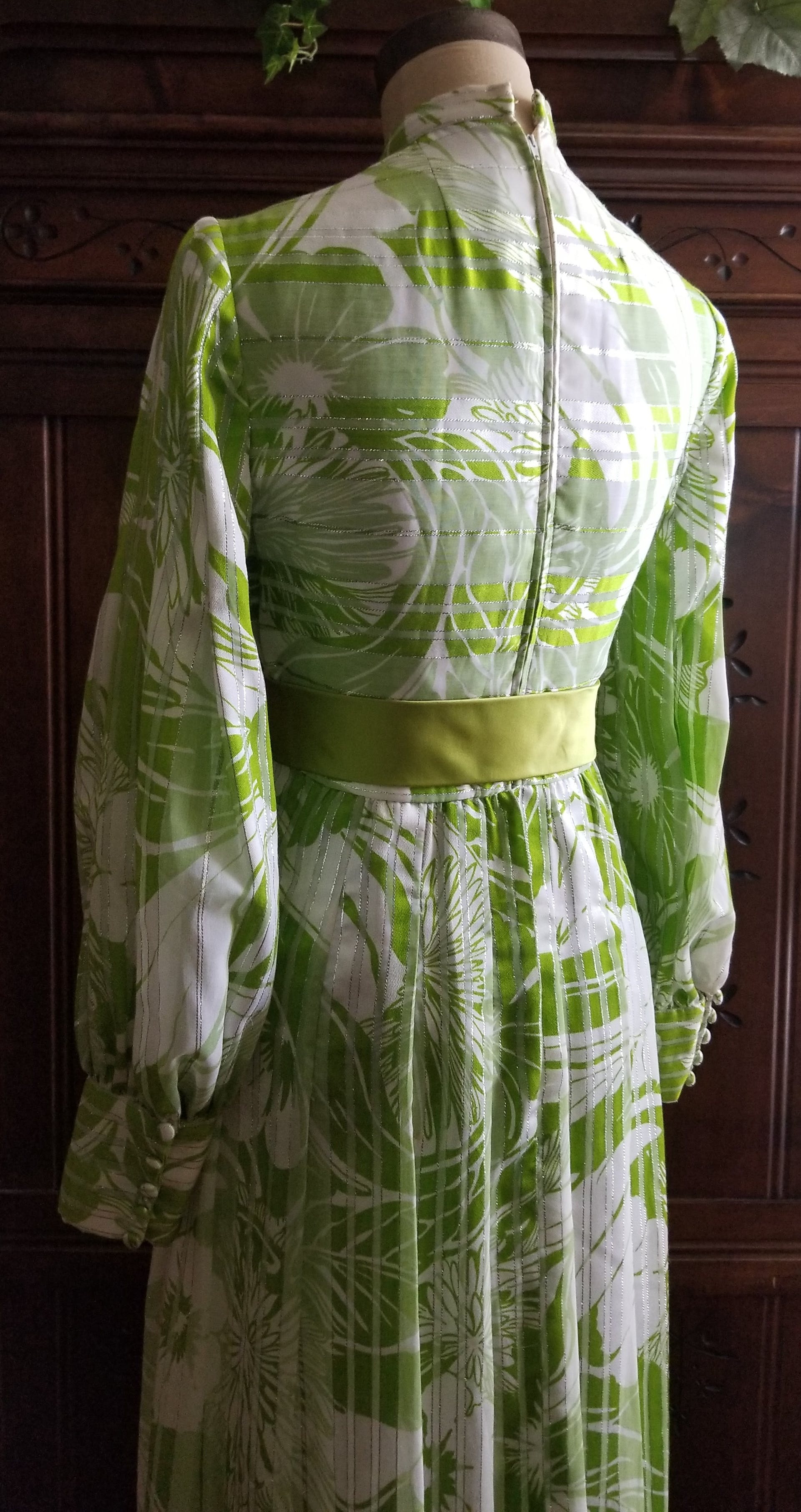70's Spring Green Floral and Striped Balloon Sleeve Gown by Millie Parnis Boutique