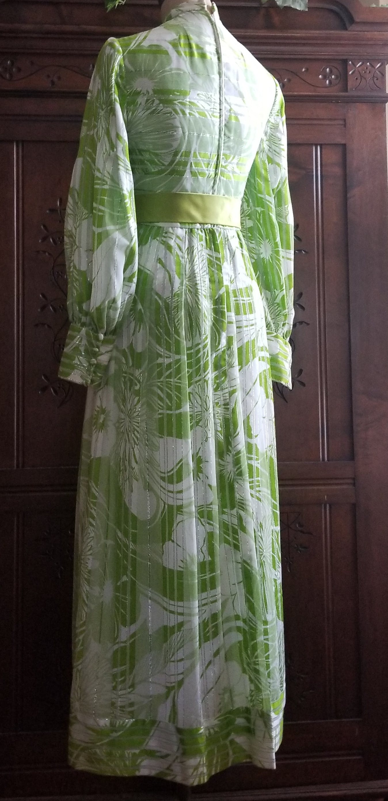 70's Spring Green Floral and Striped Balloon Sleeve Gown by Millie Parnis Boutique