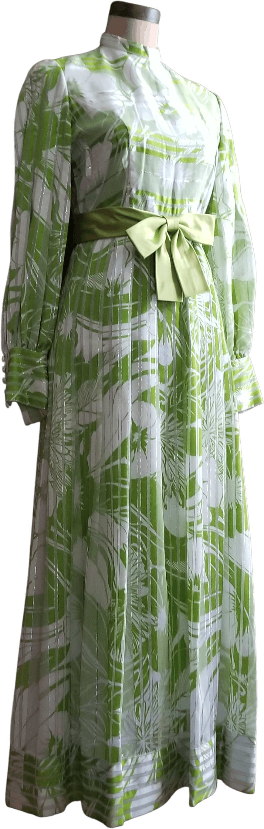 70's Spring Green Floral and Striped Balloon Sleeve Gown by Millie Parnis Boutique