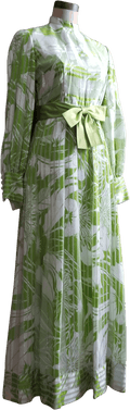 70's Spring Green Floral and Striped Balloon Sleeve Gown by Millie Parnis Boutique