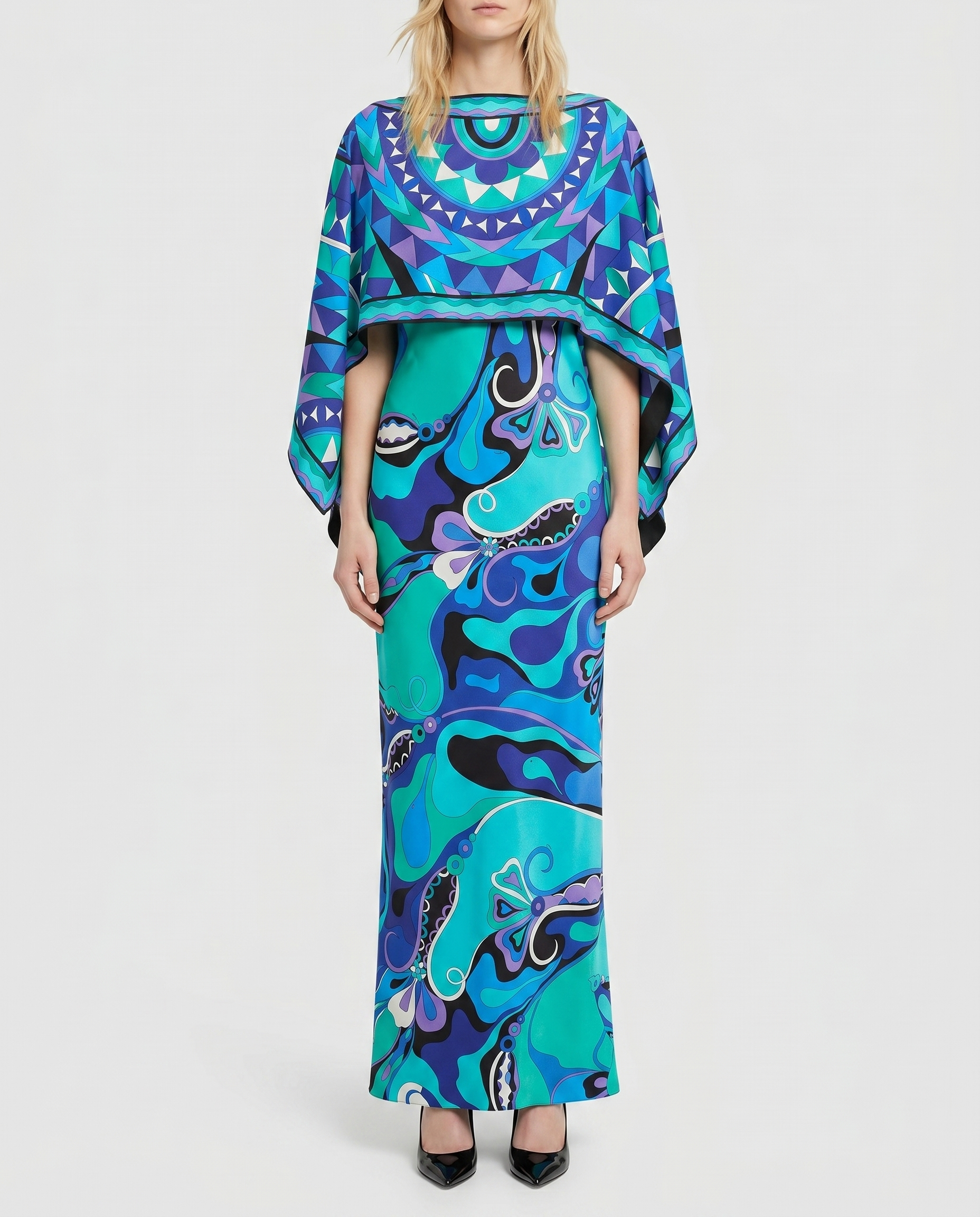 Orchidee print silk dress with cape