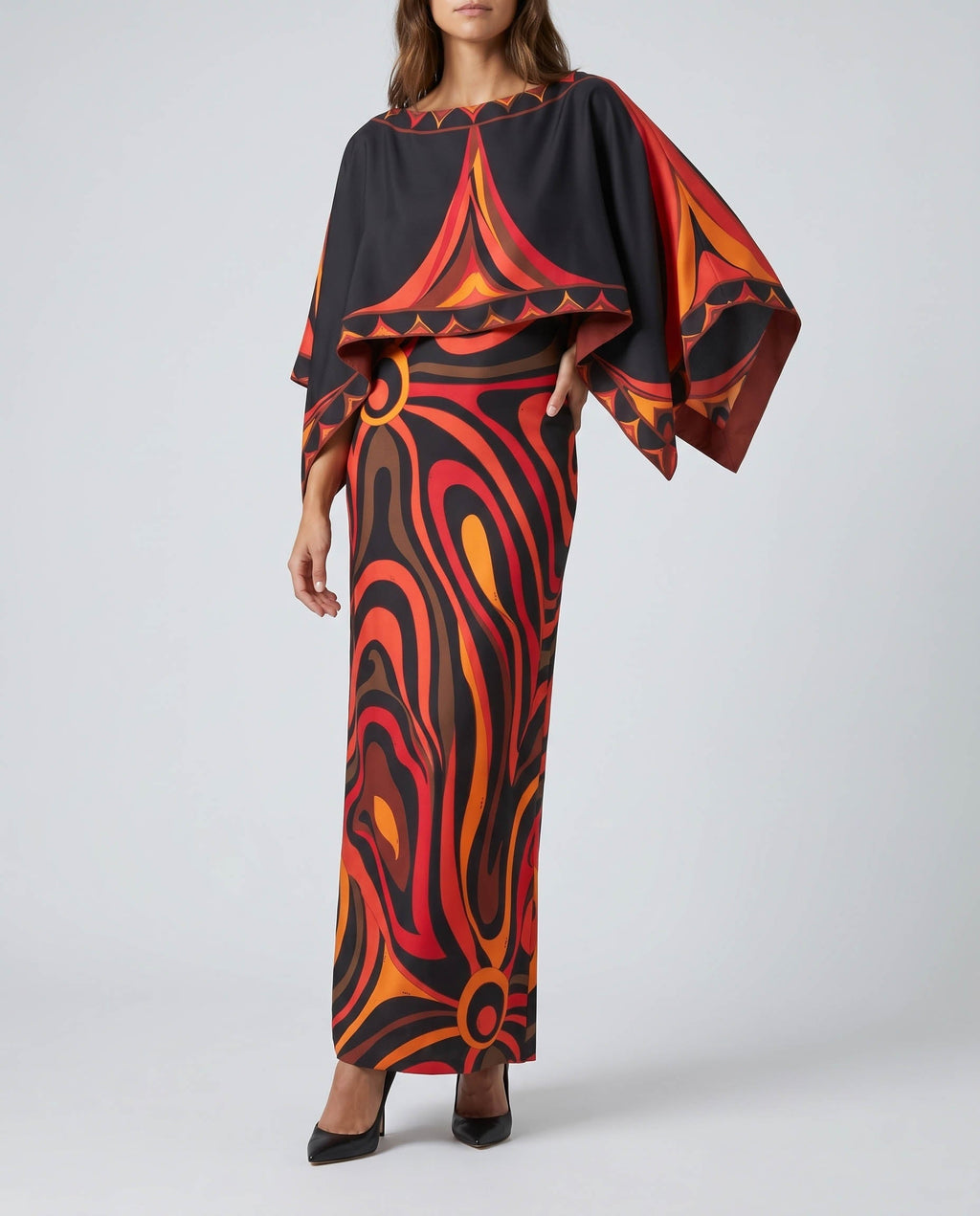 Marmo print silk long dress with cape