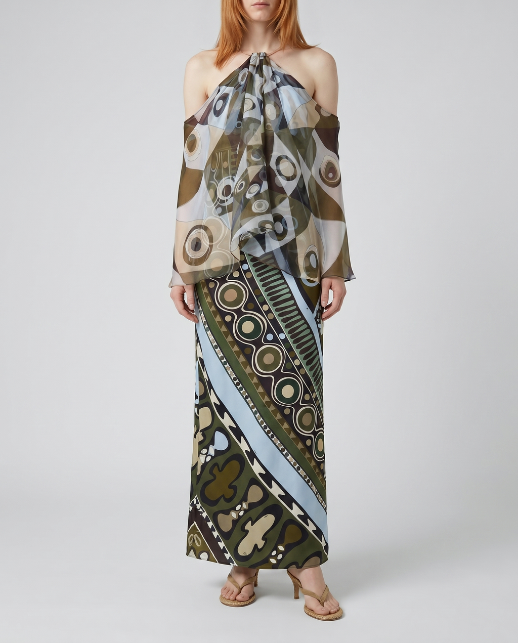 Occhi print satin and chiffon dress