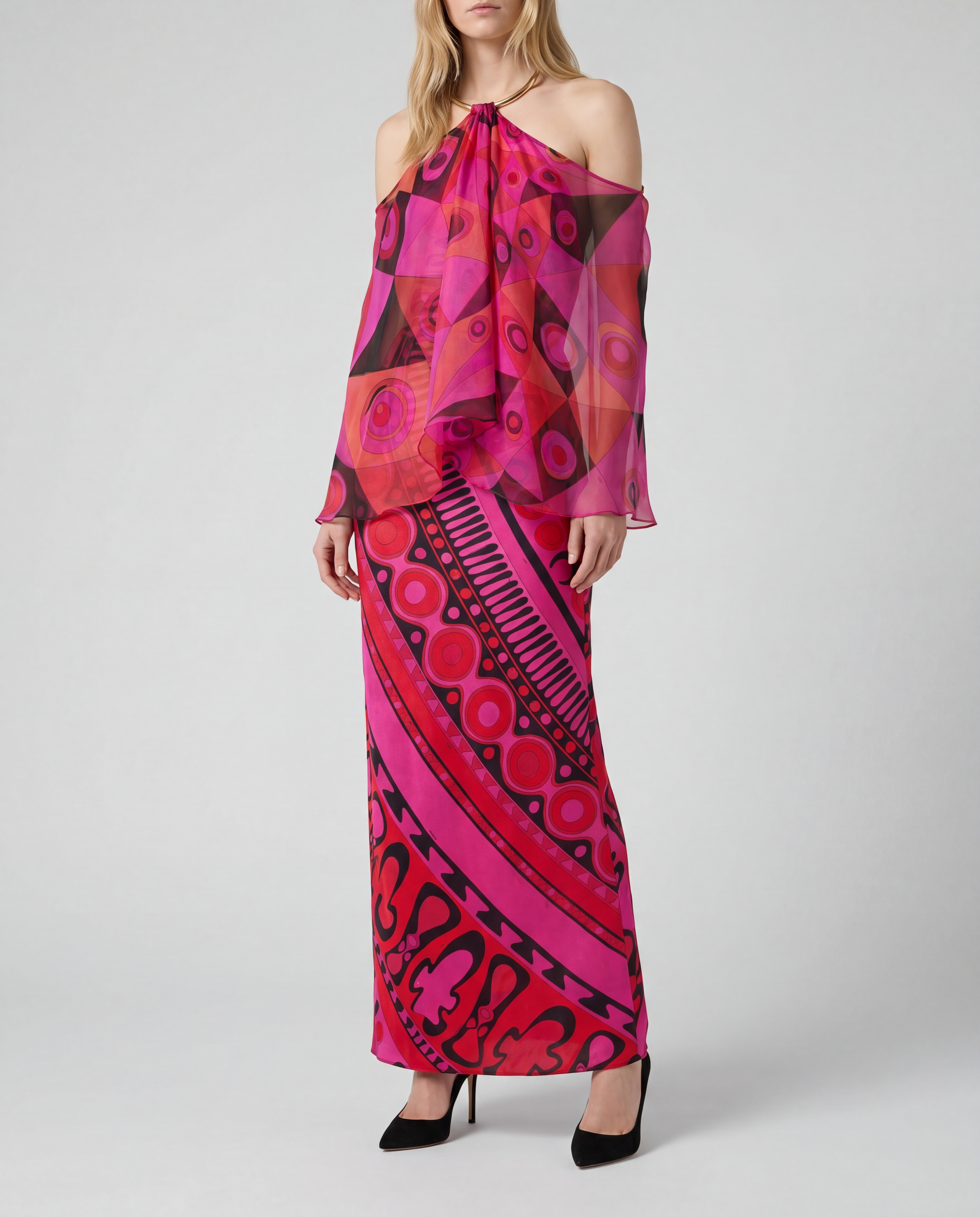Occhi print satin and chiffon dress