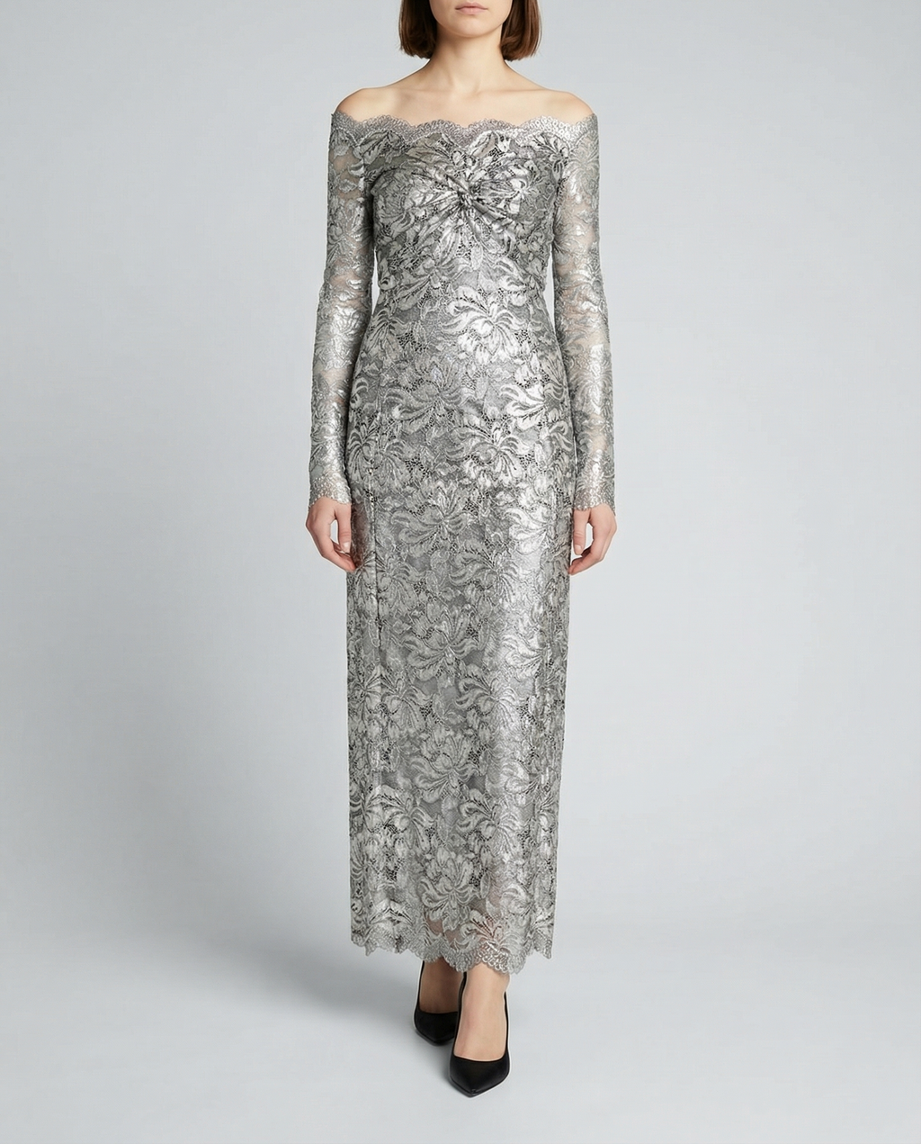 Metallic-effect lace midi dress