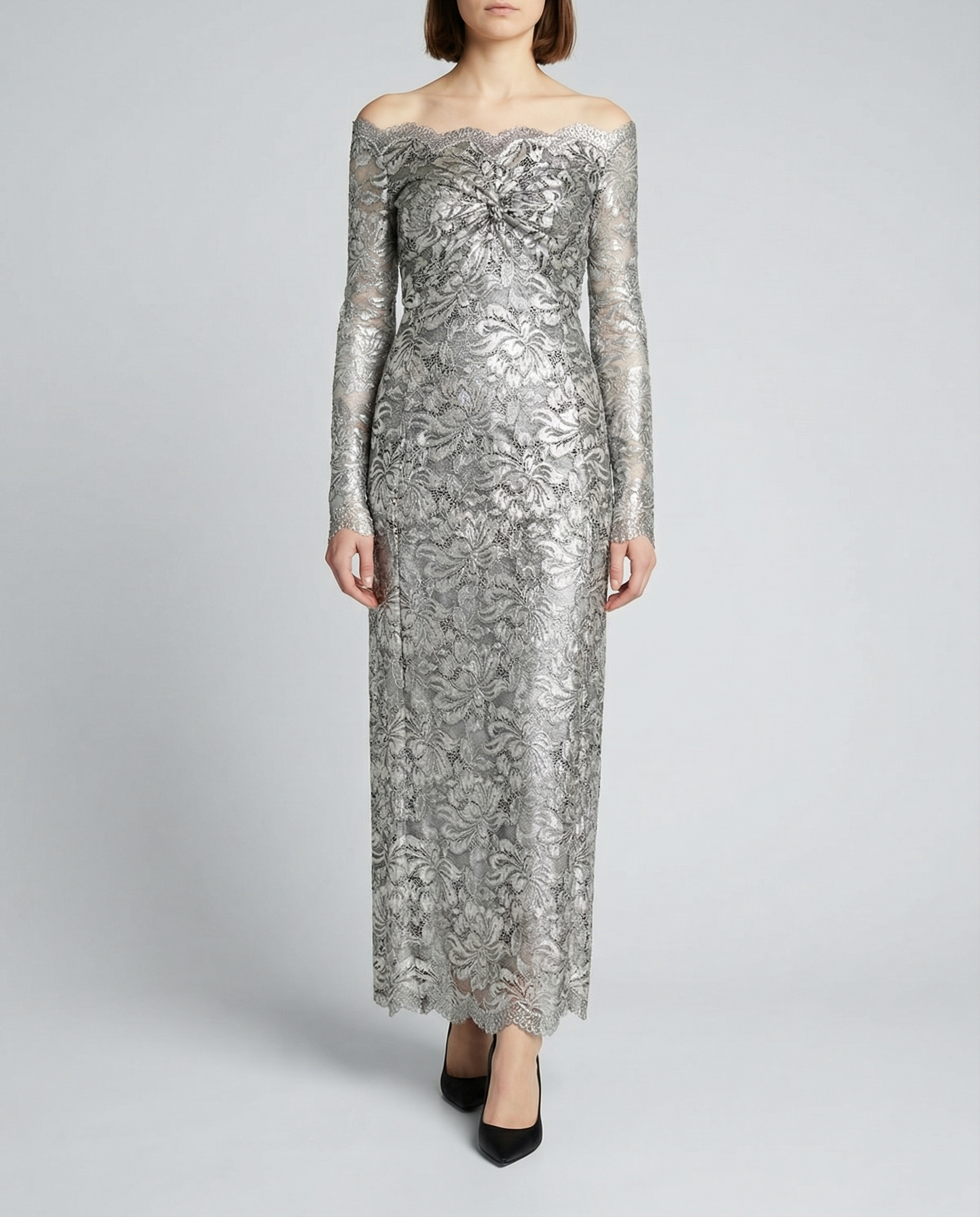 Metallic-effect lace midi dress
