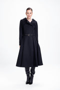 Queen of Spades solid black double-breasted women's trench coat, front view