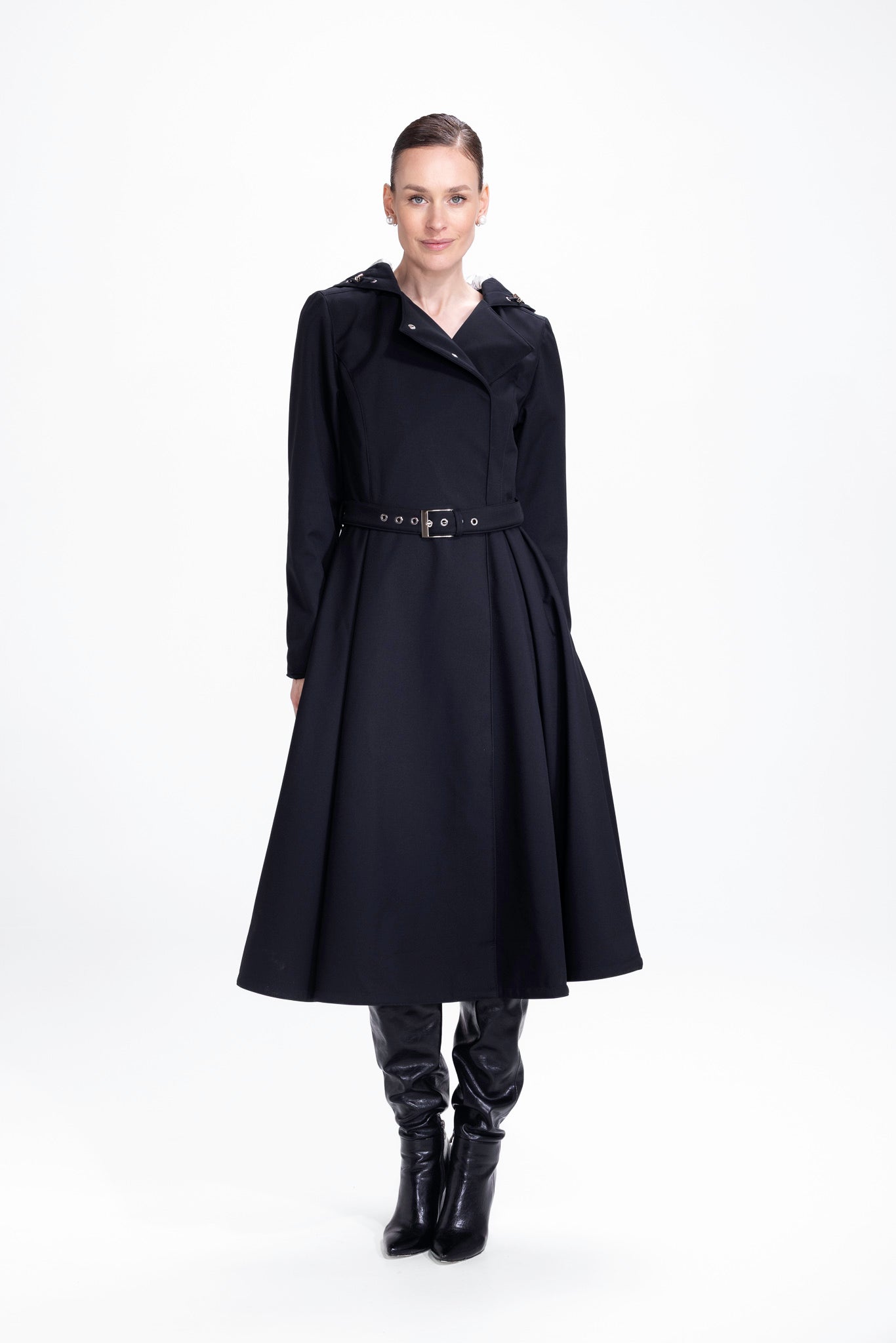 Queen of Spades solid black double-breasted women's trench coat, front view