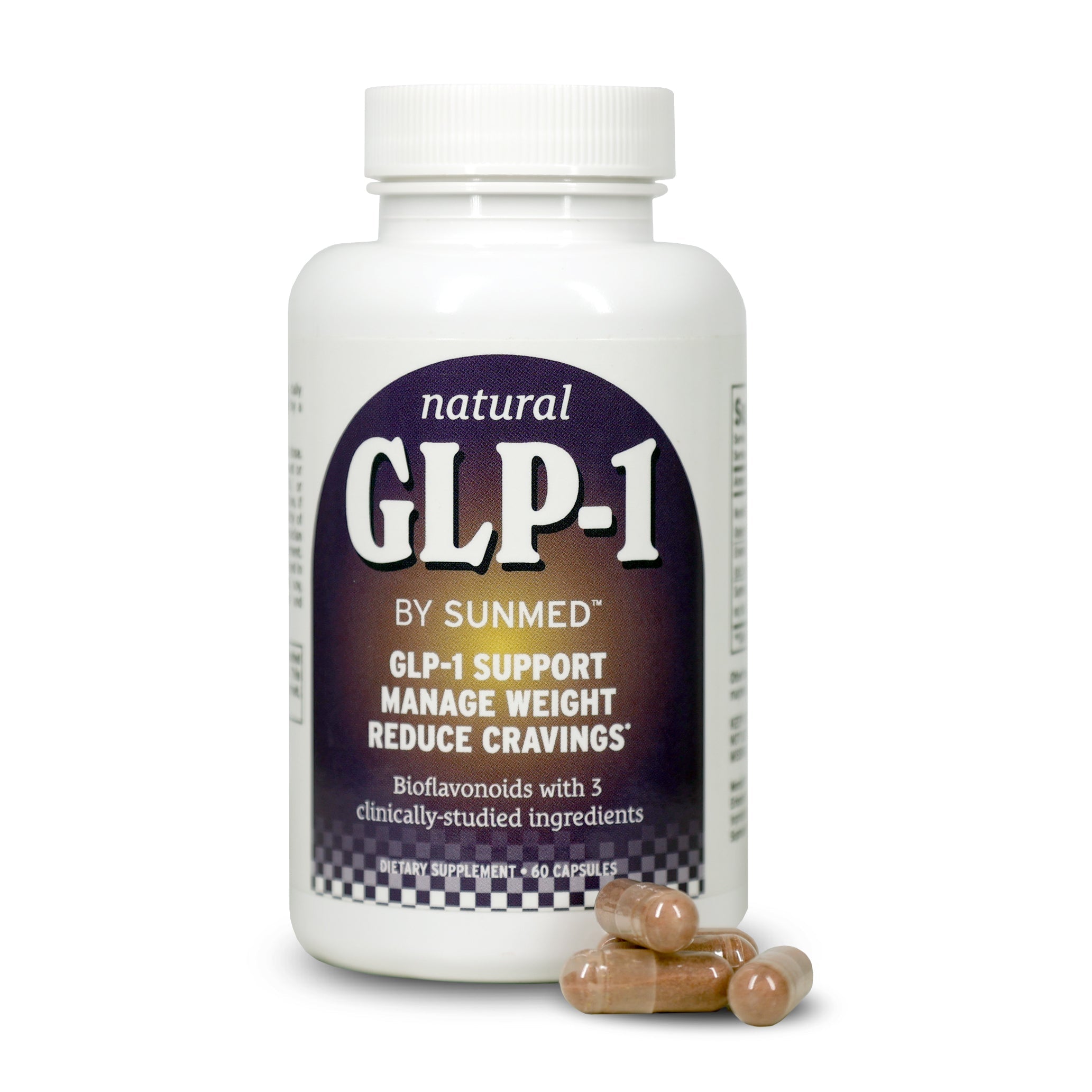A bottle of Sunmed CBD’s GLP-1 Supplement for Weight Management & Cravings with capsules beside it, formulated to help curb hunger and support weight management.