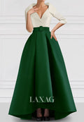 Half-Sleeves V-Neck Two Tone A-Line Wedding Guest Dress Pleated Satin Floor-Length Evening Gowns
