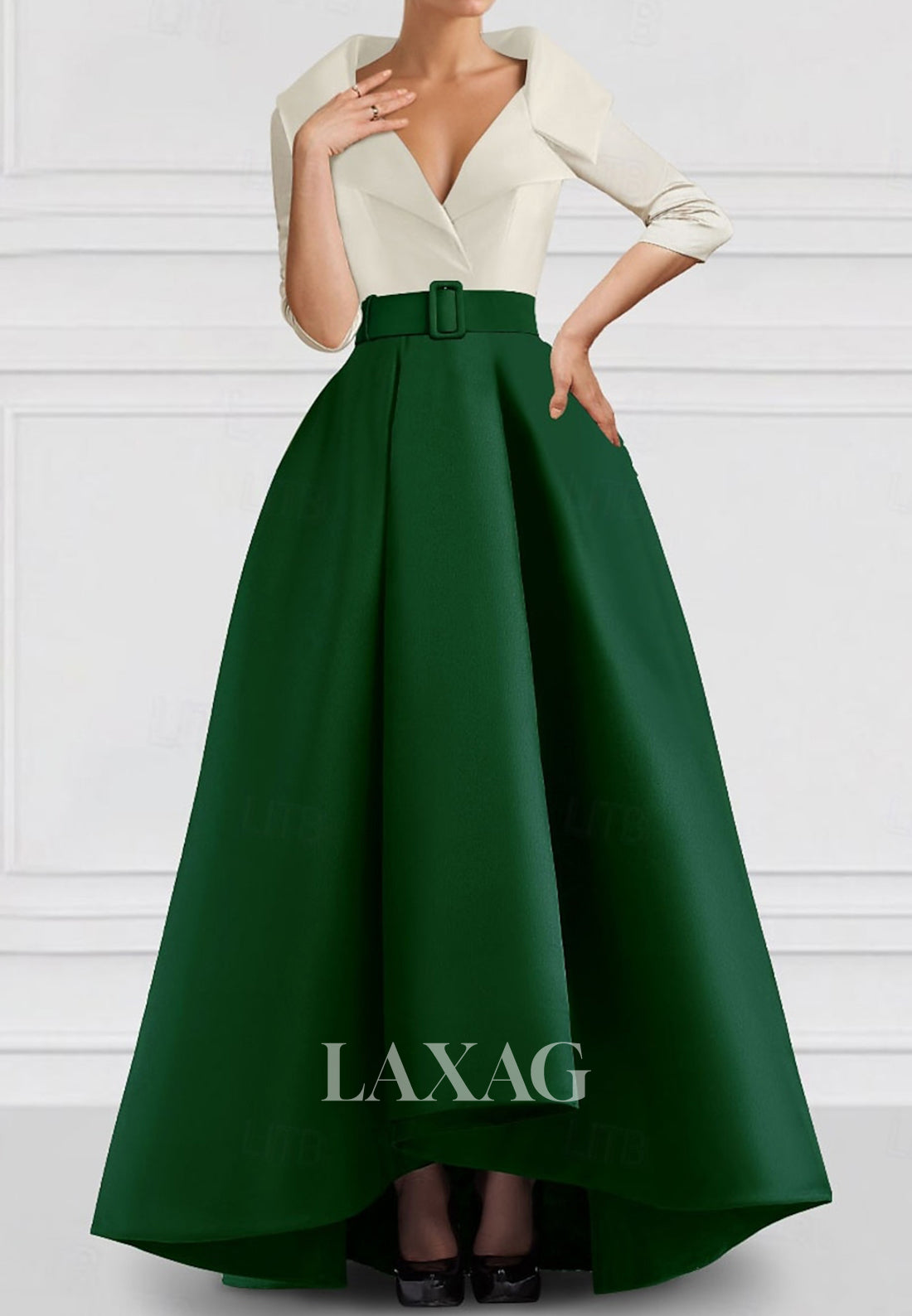 Half-Sleeves V-Neck Two Tone A-Line Wedding Guest Dress Pleated Satin Floor-Length Evening Gowns